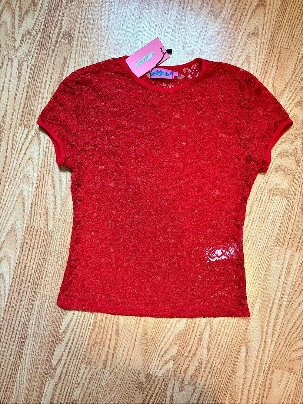 Edikted red floral lace sheer t-shirt round neck short sleeve pullover top